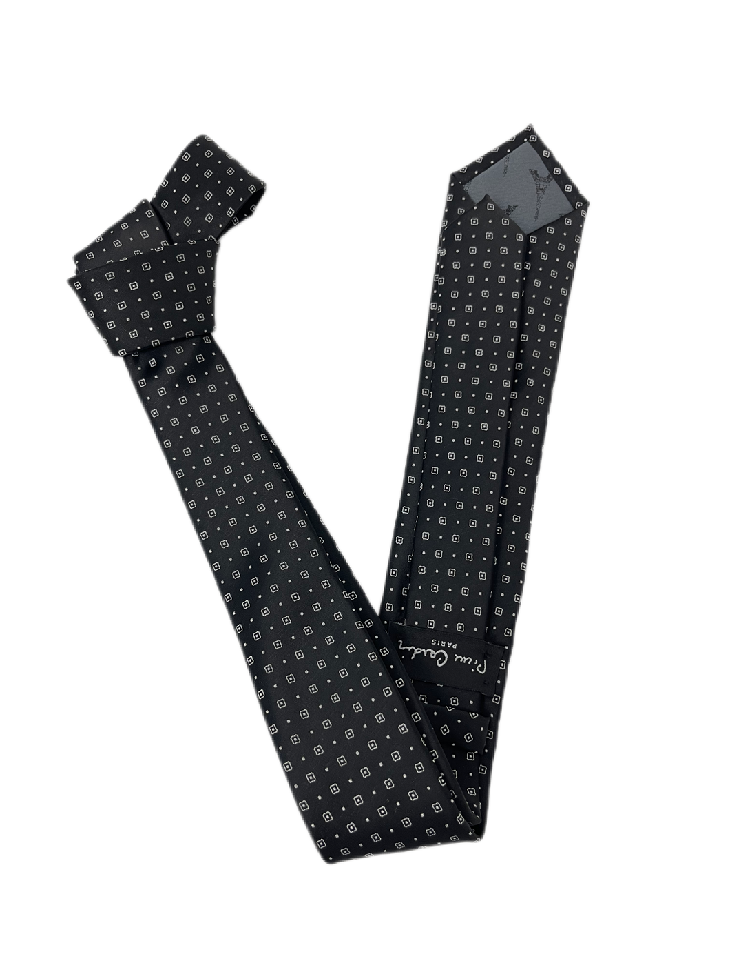 GRAVATA SLIM PIERRE CARDIN PRETO  COM PADRÃO POLKA DOT E QUADRADOS BRANCOS  JACQUARD DE POLIÉSTER